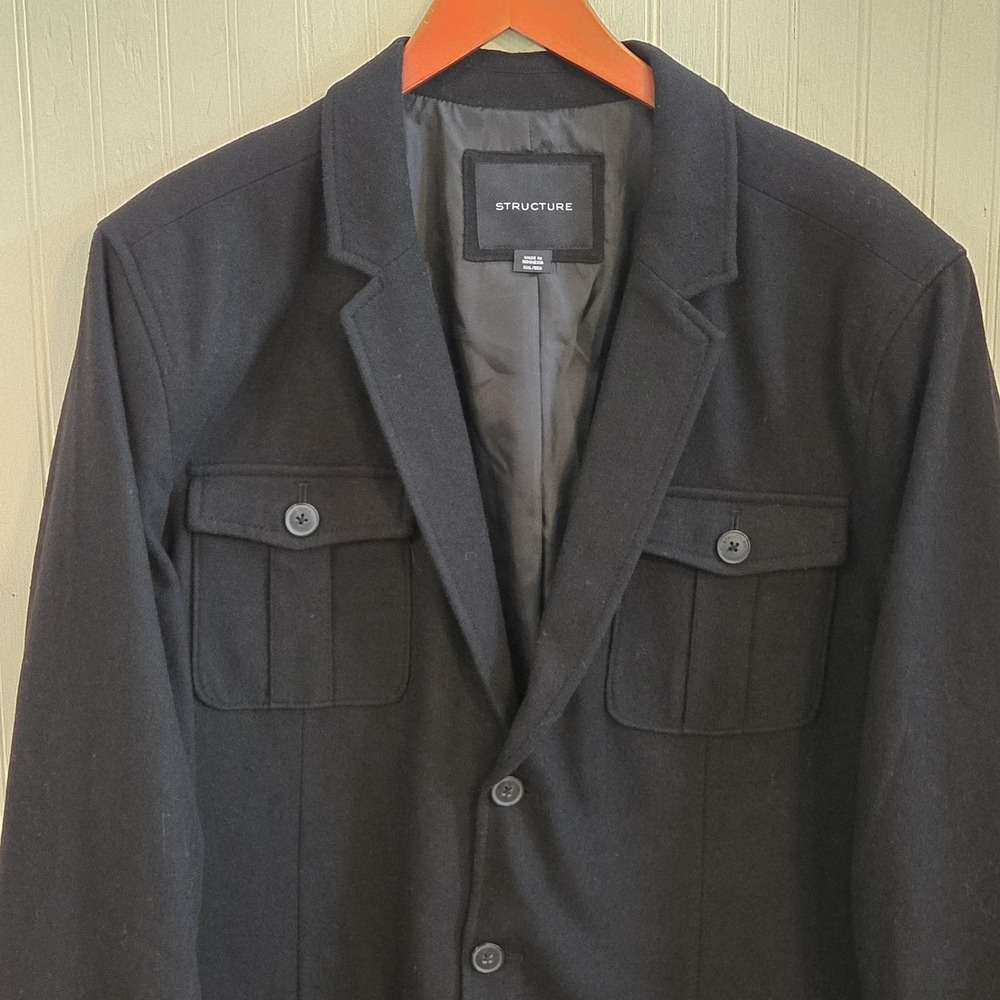 Structure Blazer Mens 2XL Black Wool Blend 4 Pocket 3 Button Sport Coat Jacket